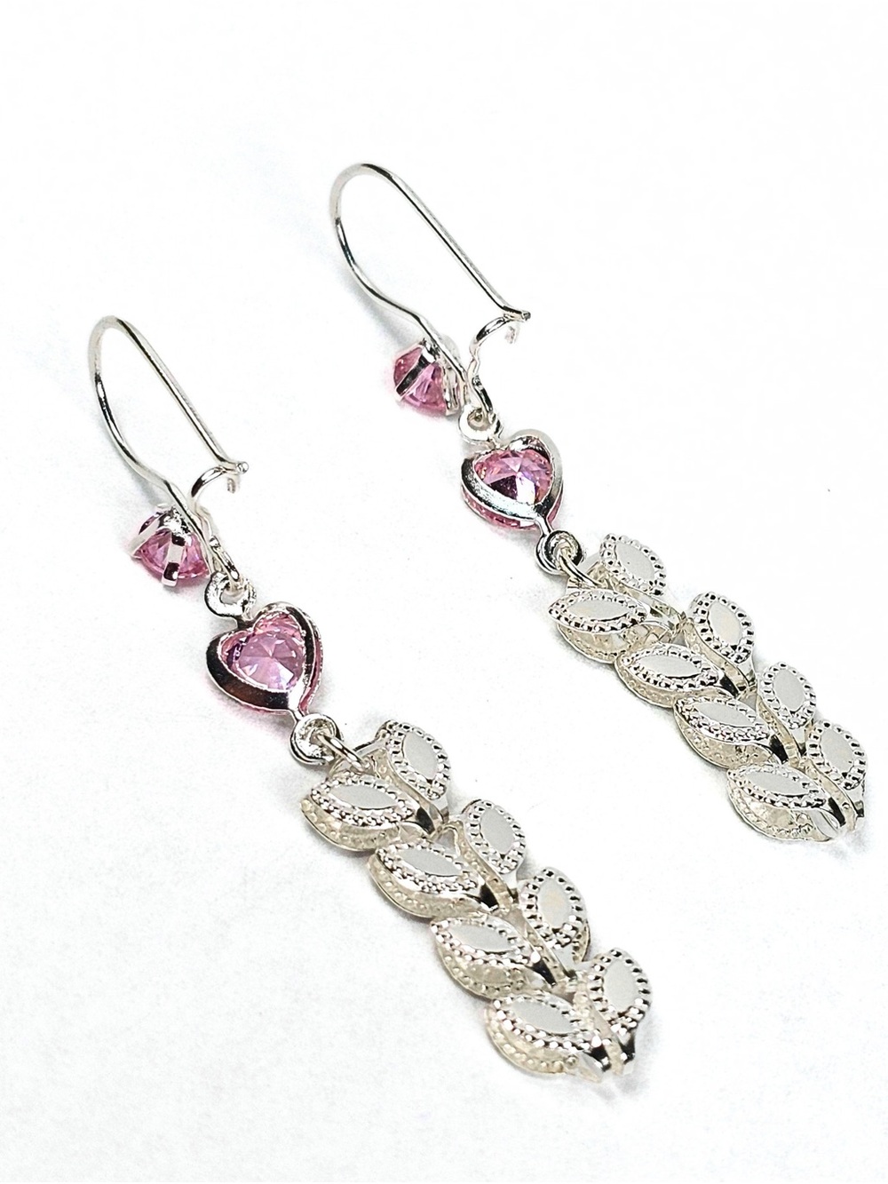 925 Sterling Silver Pink Crystal Heart Floral Dangle Earrings 46mm - Picture 4 of 8